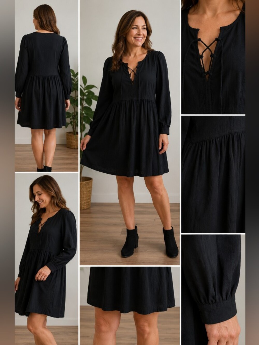 old navy l tall black lace up babydoll dress long sleeve cotton viscose